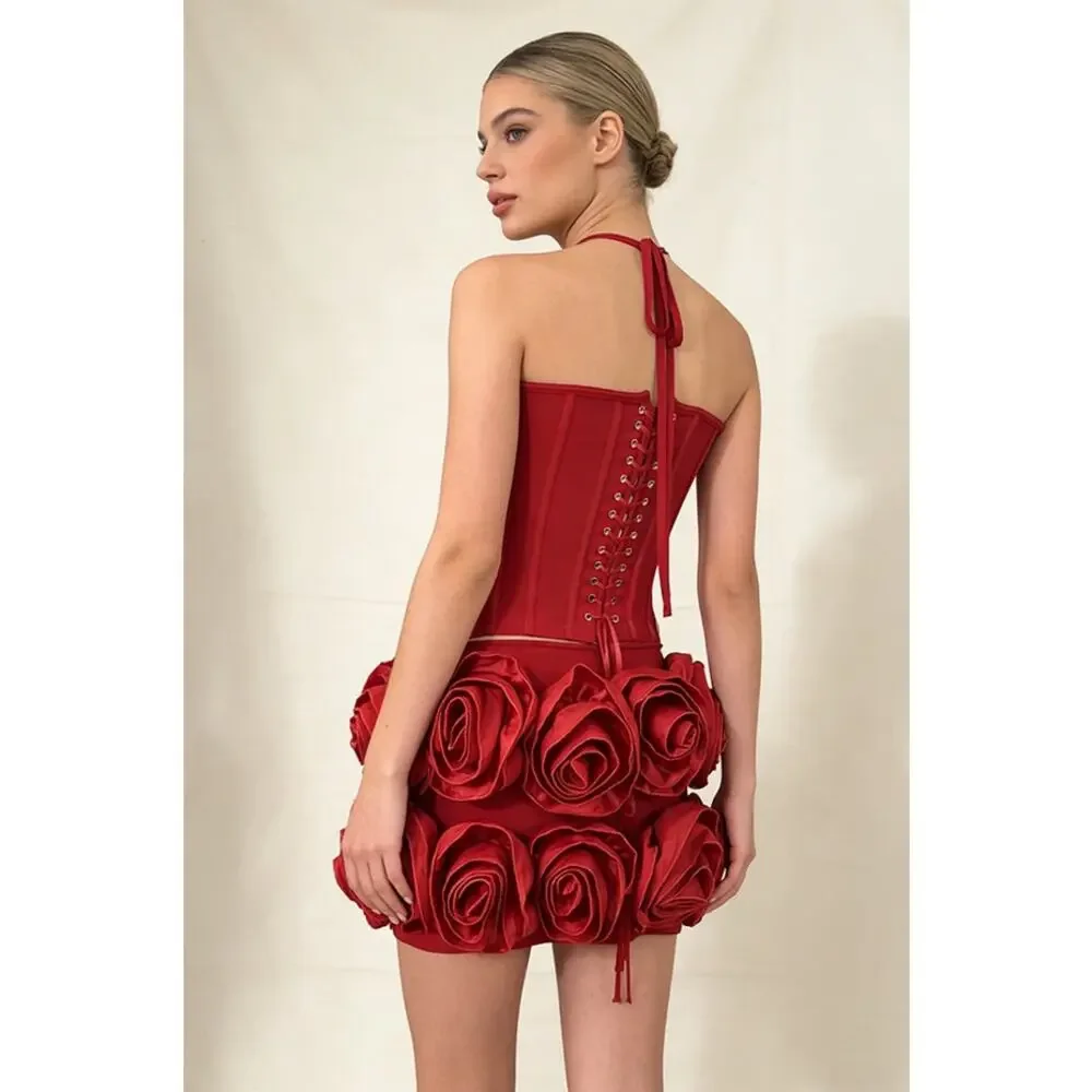 Ethan Design Halter Rose Floral Corset 2-Pieces‎ Dress in Red Small